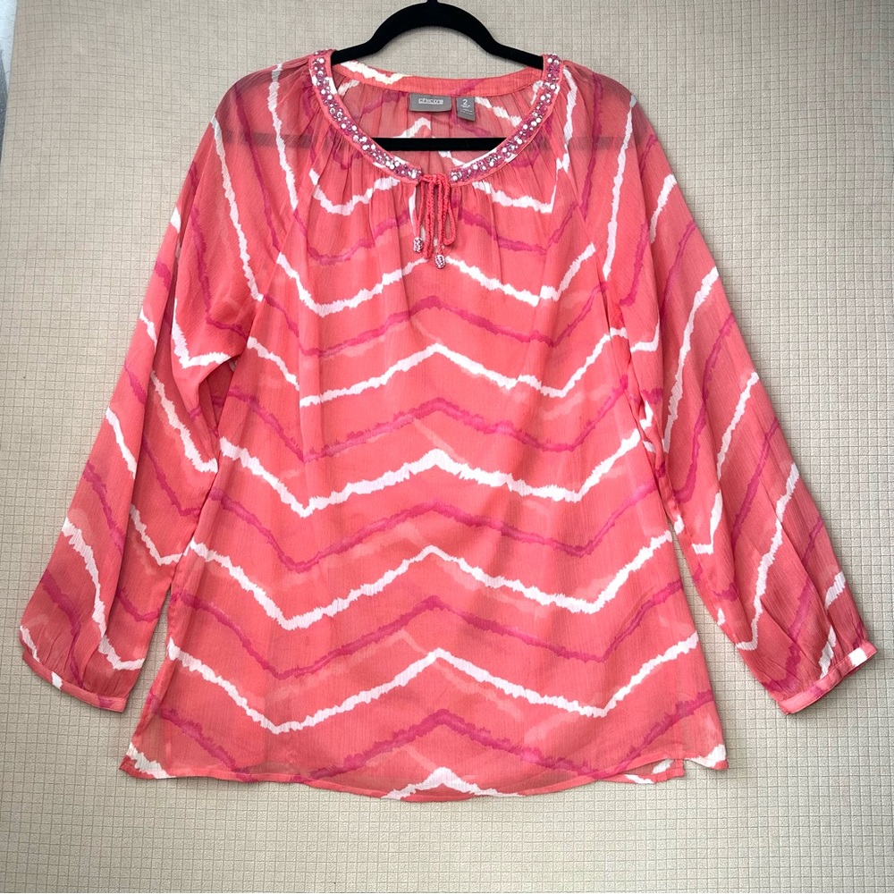 Chicos Semi Sheer Long Sleeve Tunic Top Womens Size 2 (large) Beaded Pink/Orange